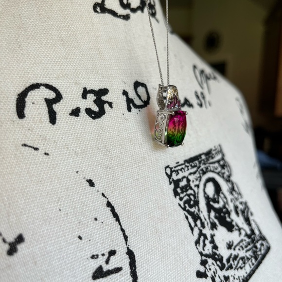 🍉 Watermelon Quartz, Orissa Rhondolite, Garnet Sterling Pendant w/ 20in Chain - Picture 9 of 11